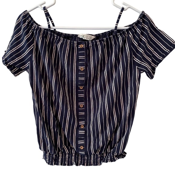 H&M Navy Blue White Stripe Off Shoulder Shirt Blouse Size 12-14 Years - Picture 1 of 3
